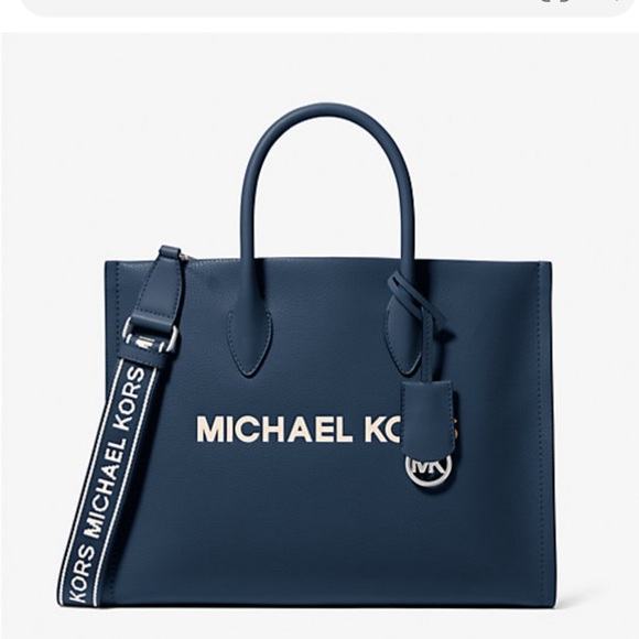 Michael Kors MIRELLA MEDIUM PEBBLED NAVY LEATHER TOTE BAG NWT - Picture 1 of 3